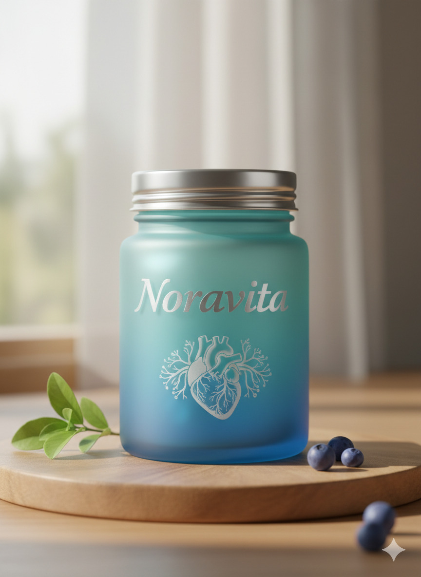Noravita dietary supplement bottle with cap and printed label shown upright on neutral desk surface under soft light